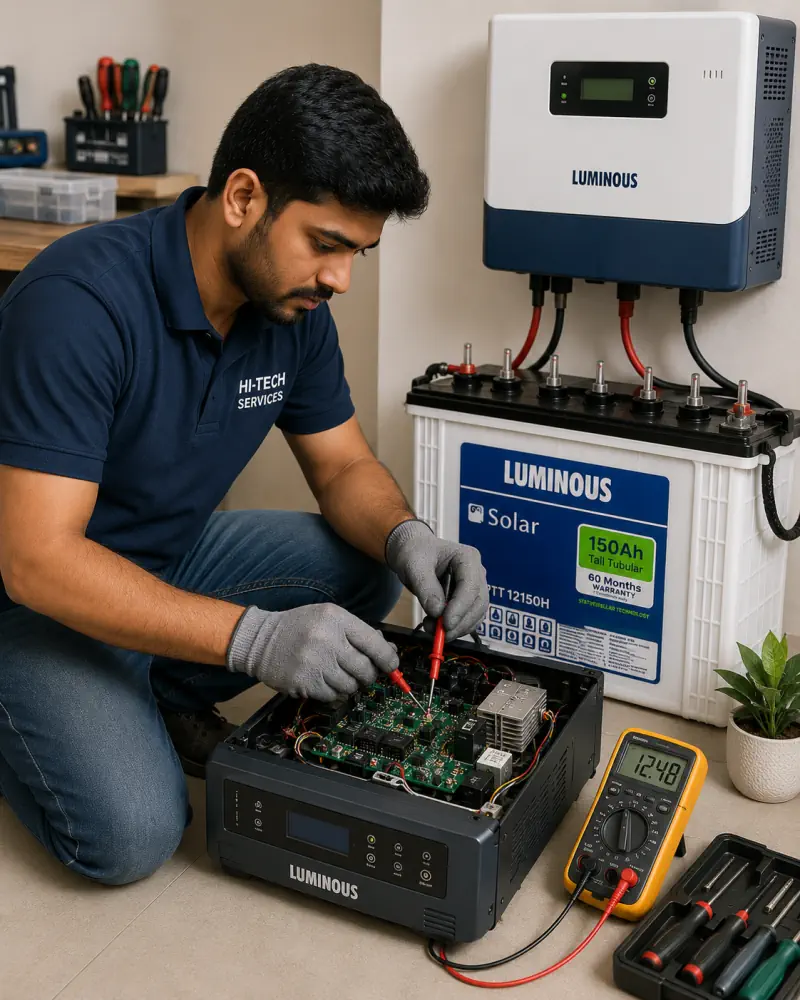 Technician repairing inverter and battery system in Gurgaon