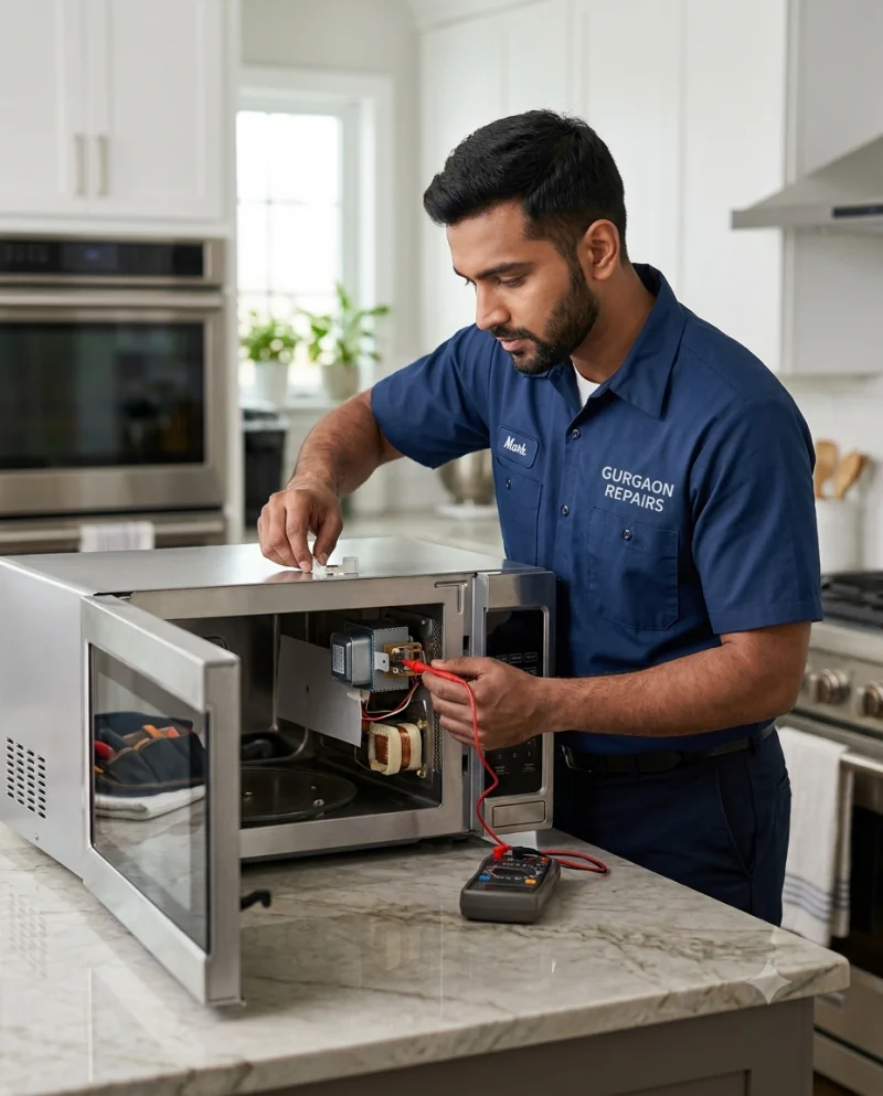 Technician repairing microwave oven in Gurgaon